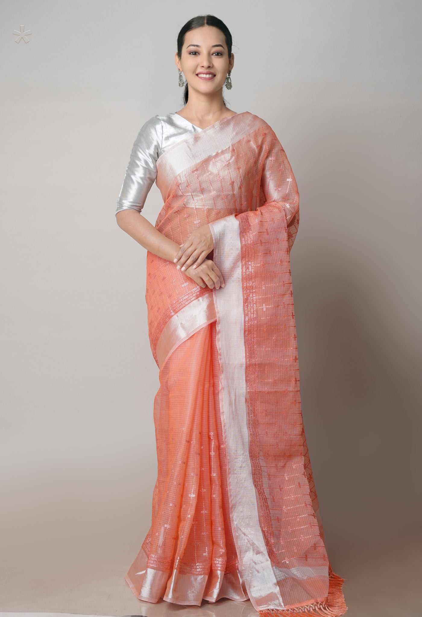 Orange Pure Sequence Embroidery Kota Cotton Saree