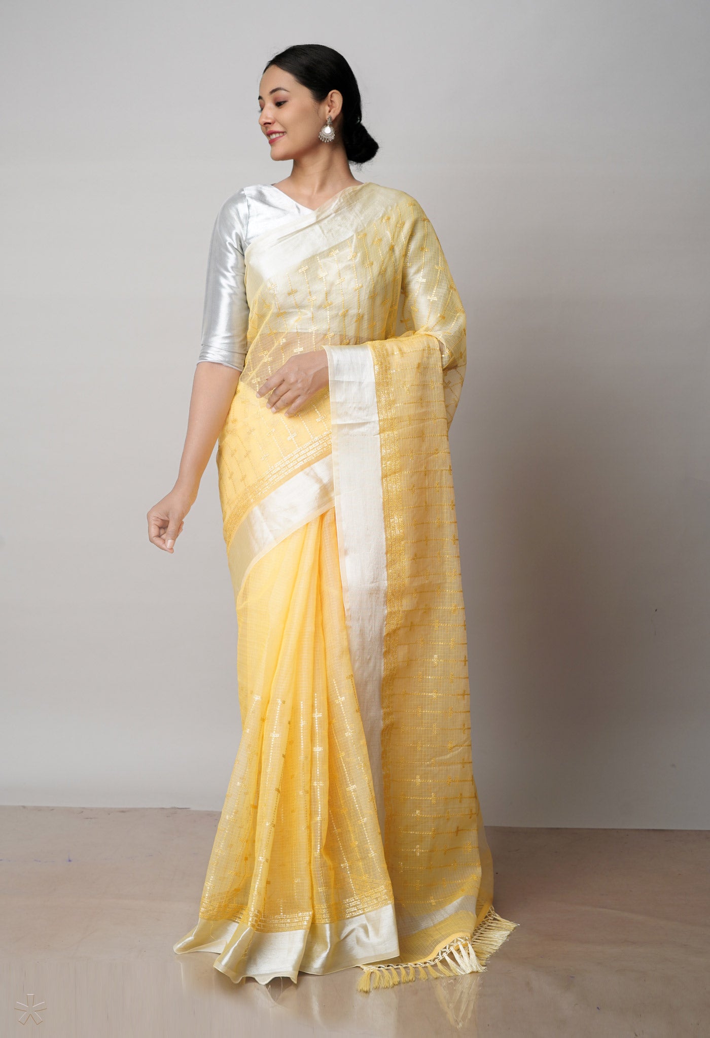 Yellow Pure Sequence Embroidery Kota Cotton Saree