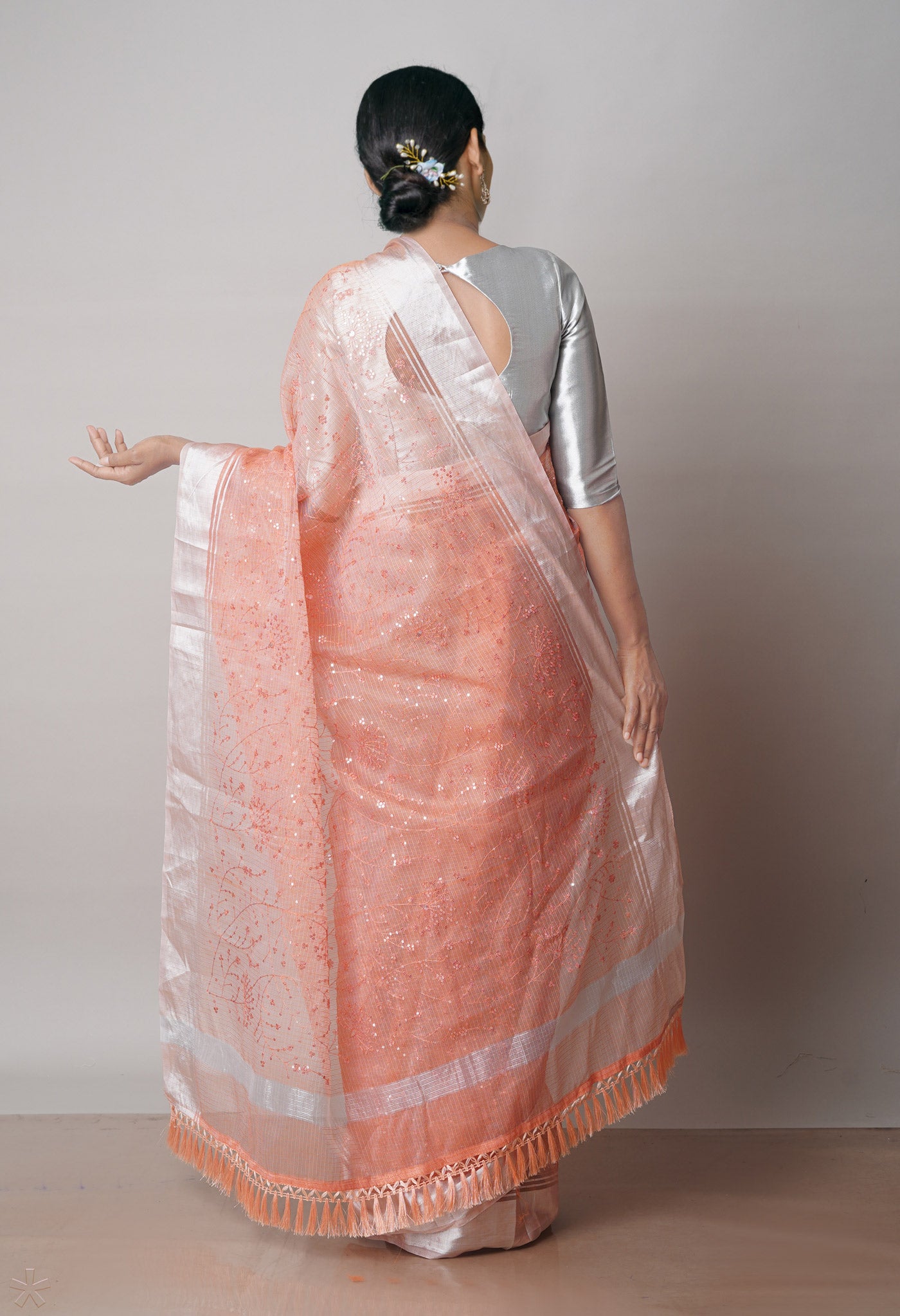 Orange Pure Sequence Embroidery Kota Cotton Saree