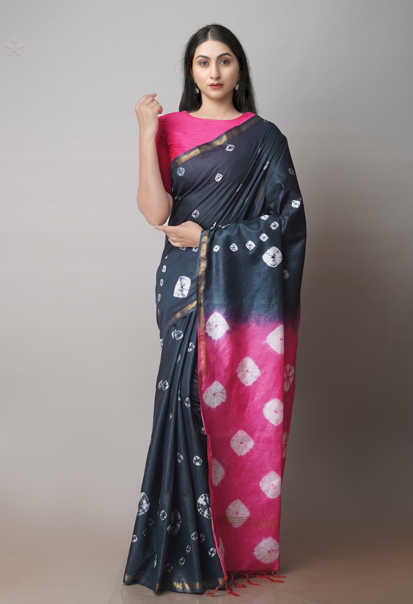 Pewter Grey Batik Printed Chanderi Sico Saree-UNM71683