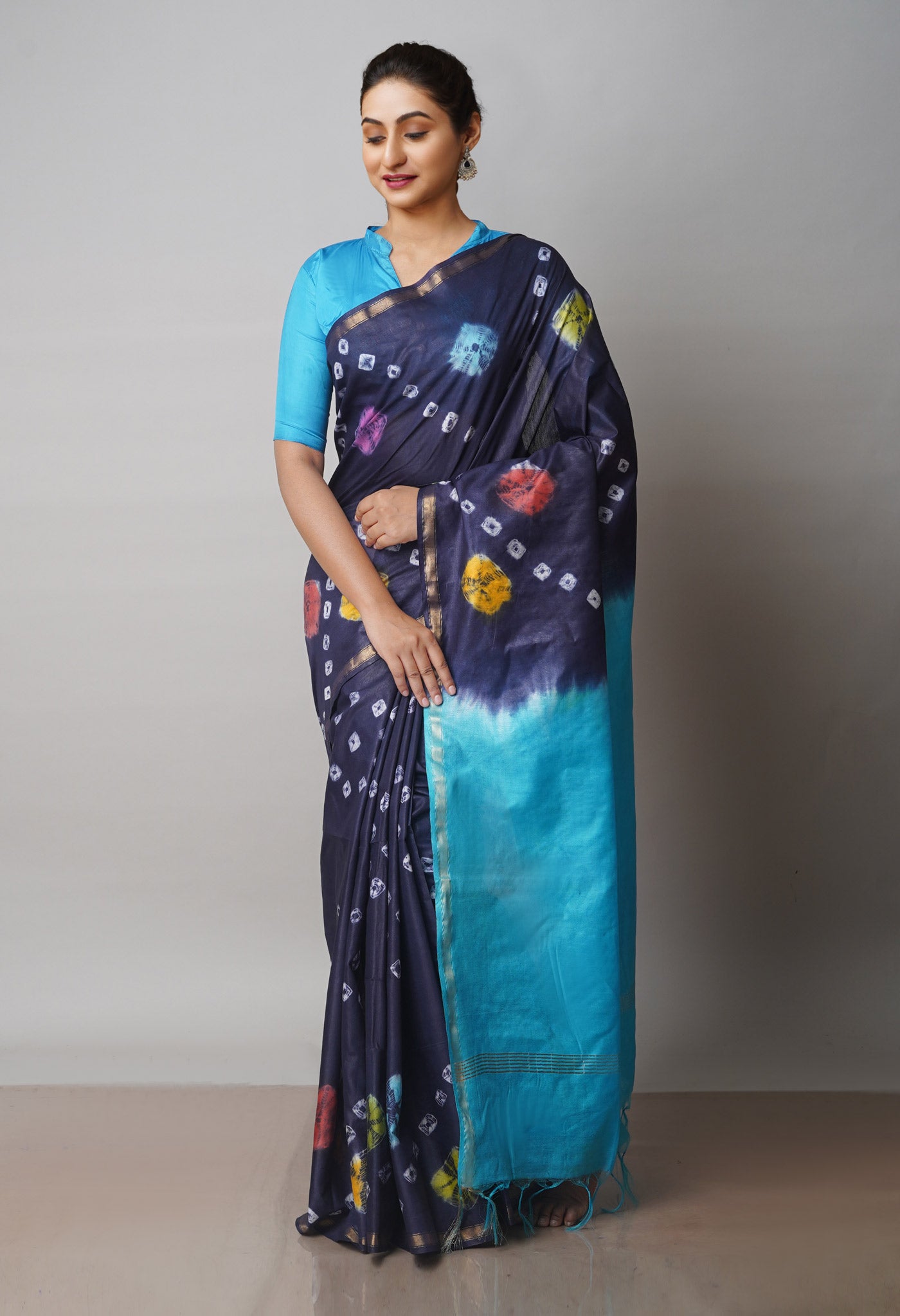 Navy Blue  Batik Printed Chanderi Sico Saree-UNM71705