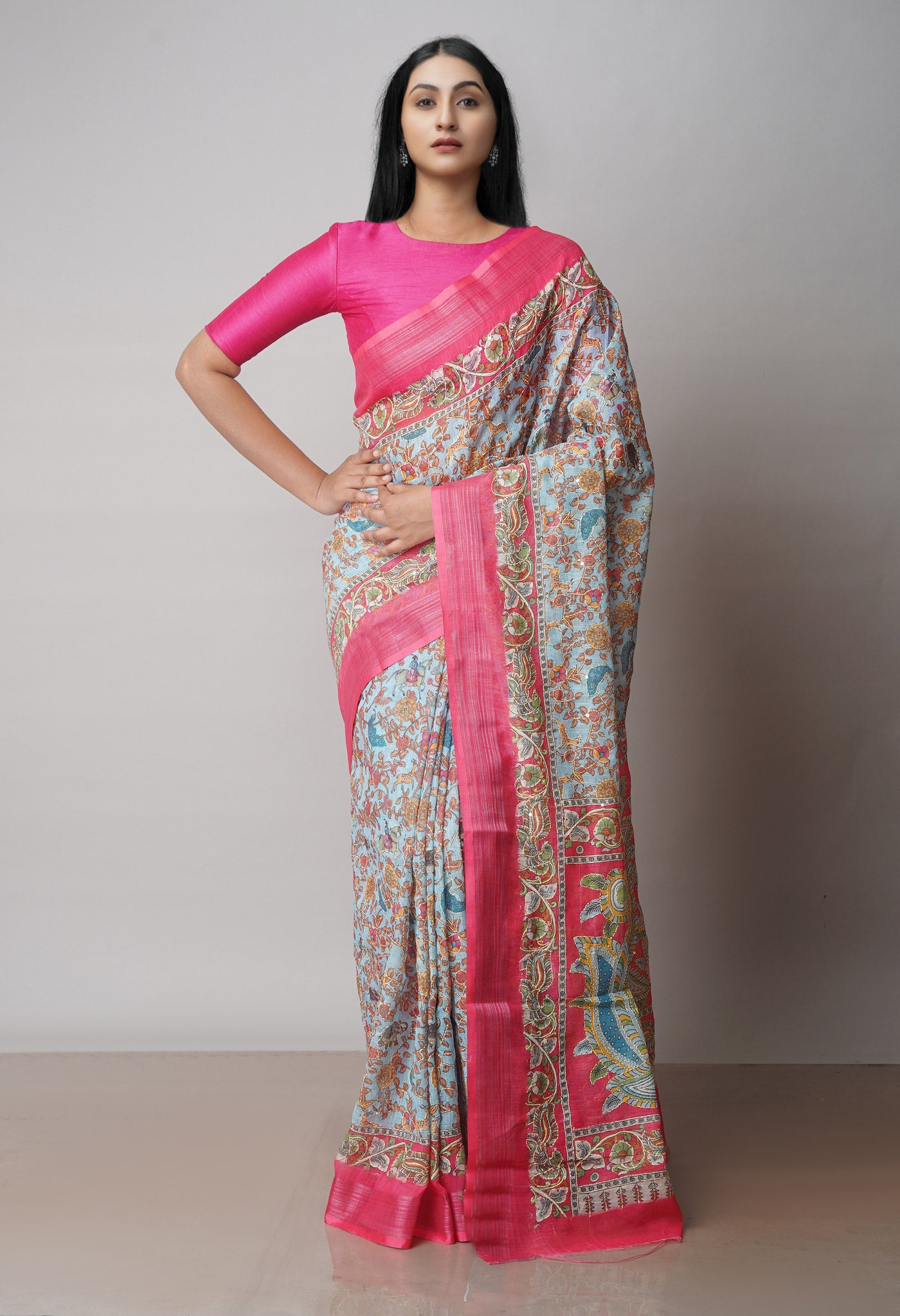 Sky Blue  Digital Printed Linen Saree With Hand Kantha Work -UNM71720