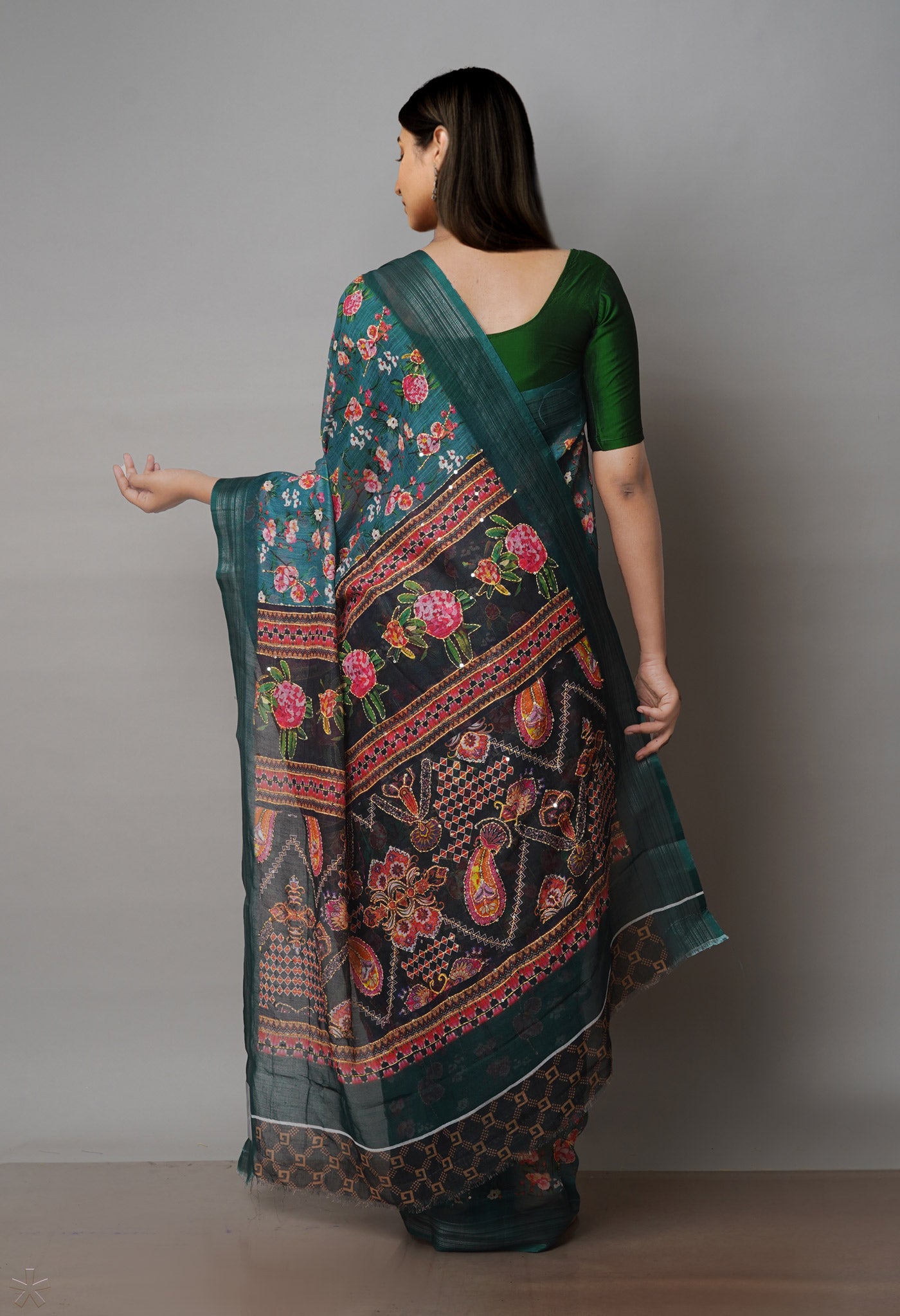 Viridian Green  Digital Printed Linen Saree With Hand Kantha Work -UNM71725