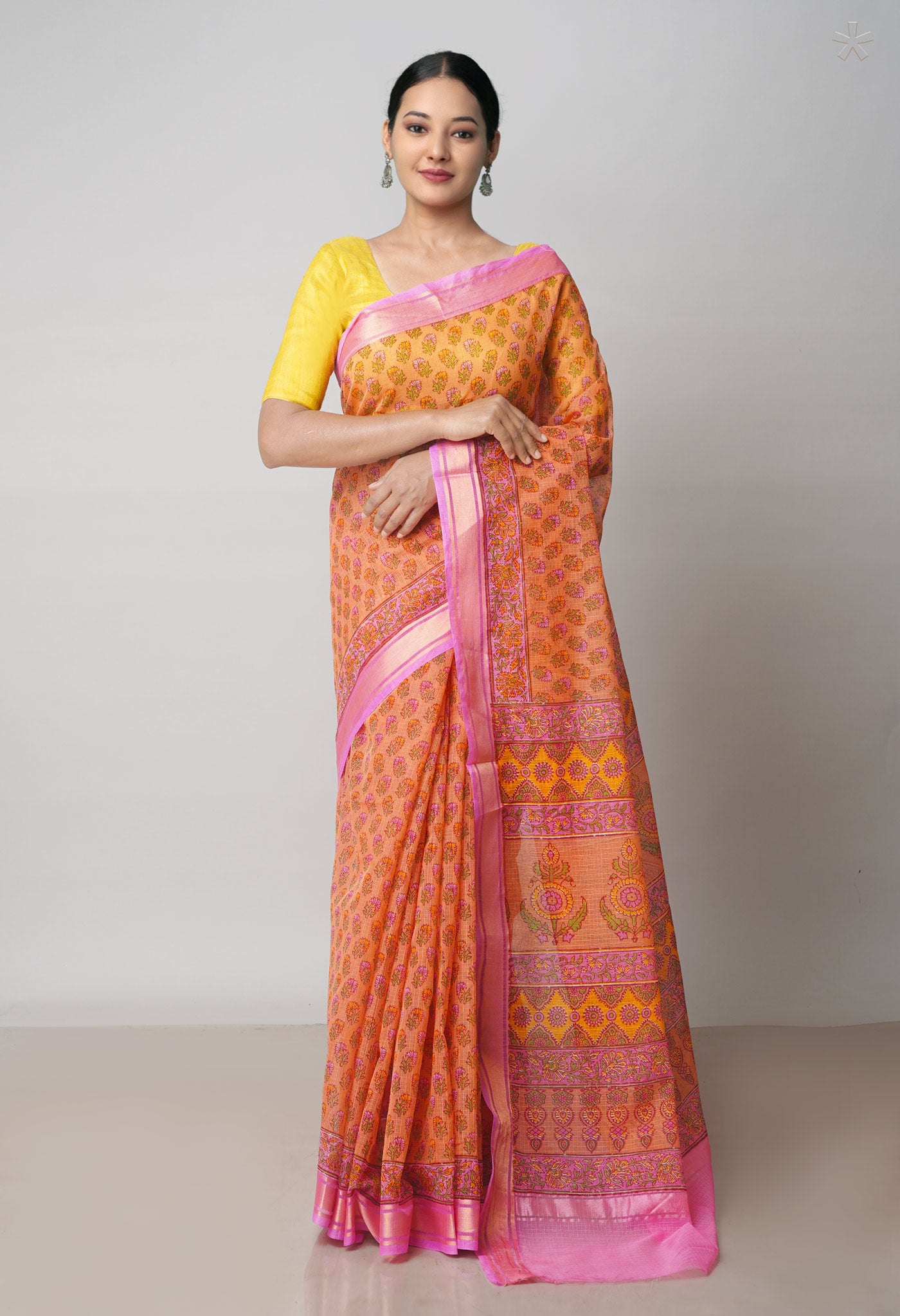 Orange Pure  Block Printed Kota Cotton Saree-UNM71734