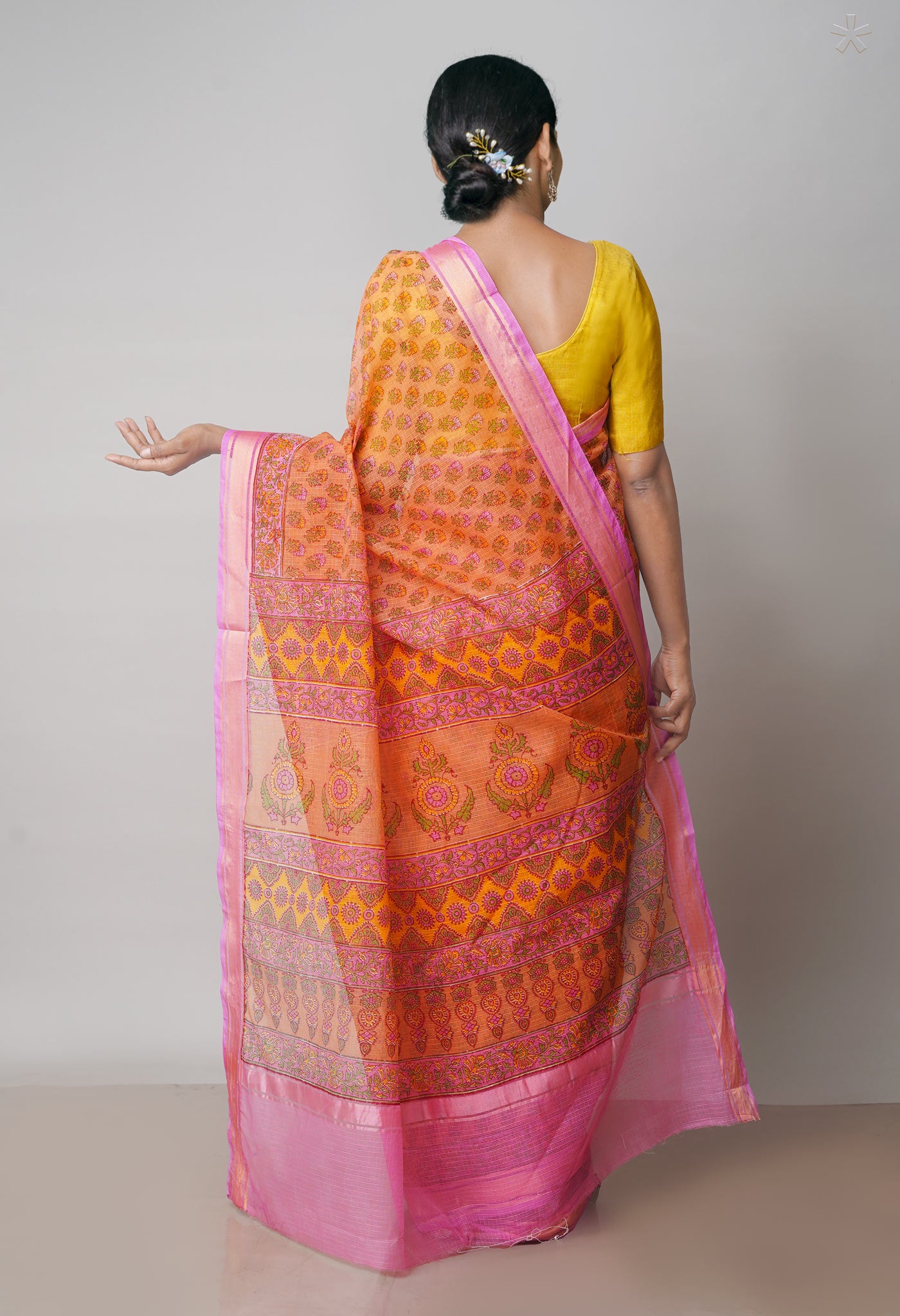 Orange Pure  Block Printed Kota Cotton Saree-UNM71734