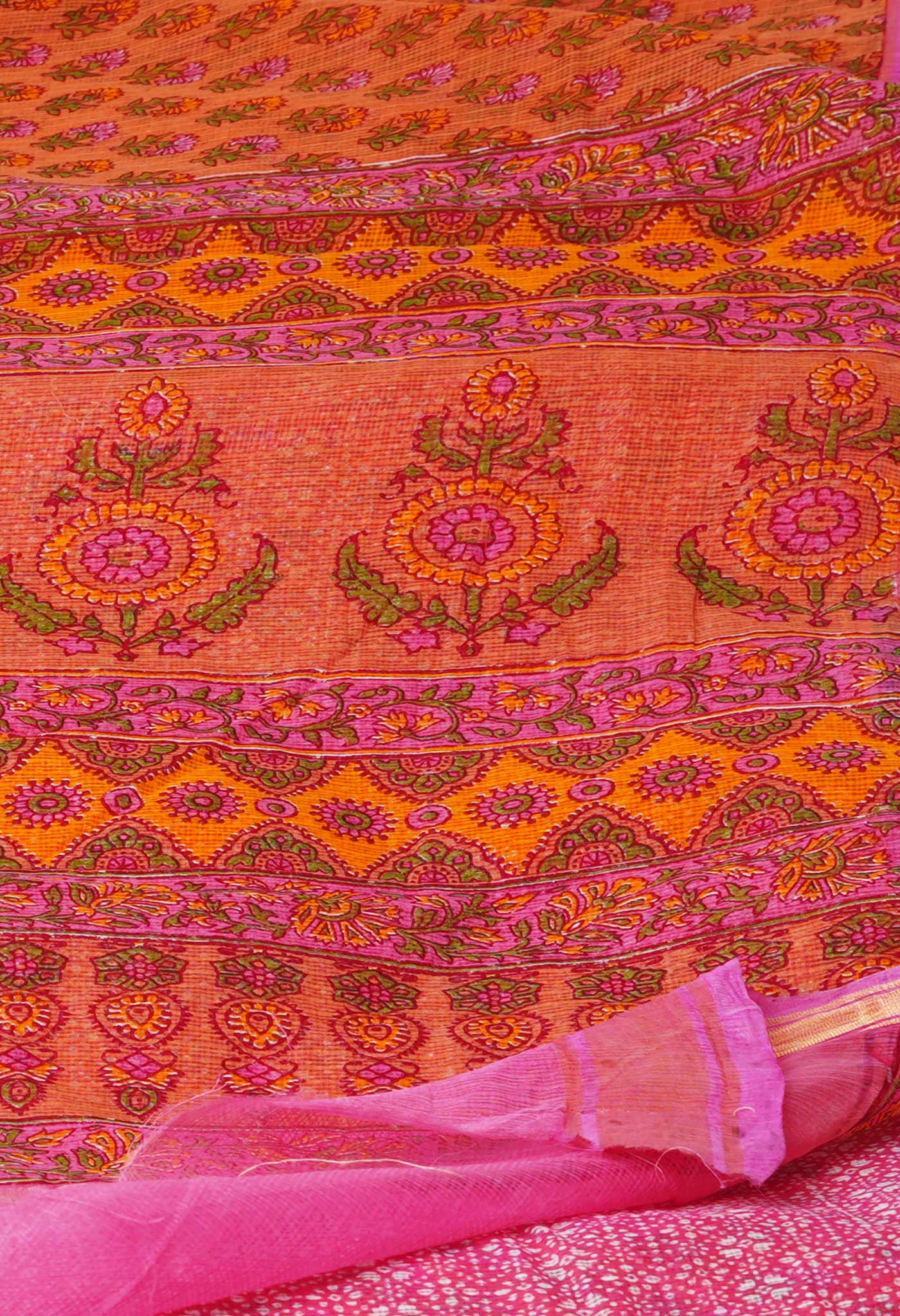 Orange Pure  Block Printed Kota Cotton Saree-UNM71734